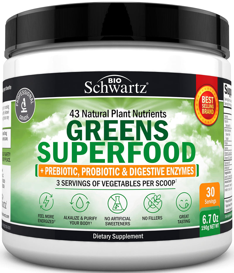 [Australia] - Super Greens Powder Superfood - Greens Powder with Probiotics Prebiotics Digestive Enzymes and 43 Green Superfoods - Chlorophyll Bilberry Chlorella Spirulina Grass - Tastes Amazing - 30 Servings 6.7 Ounce (Pack of 1) 