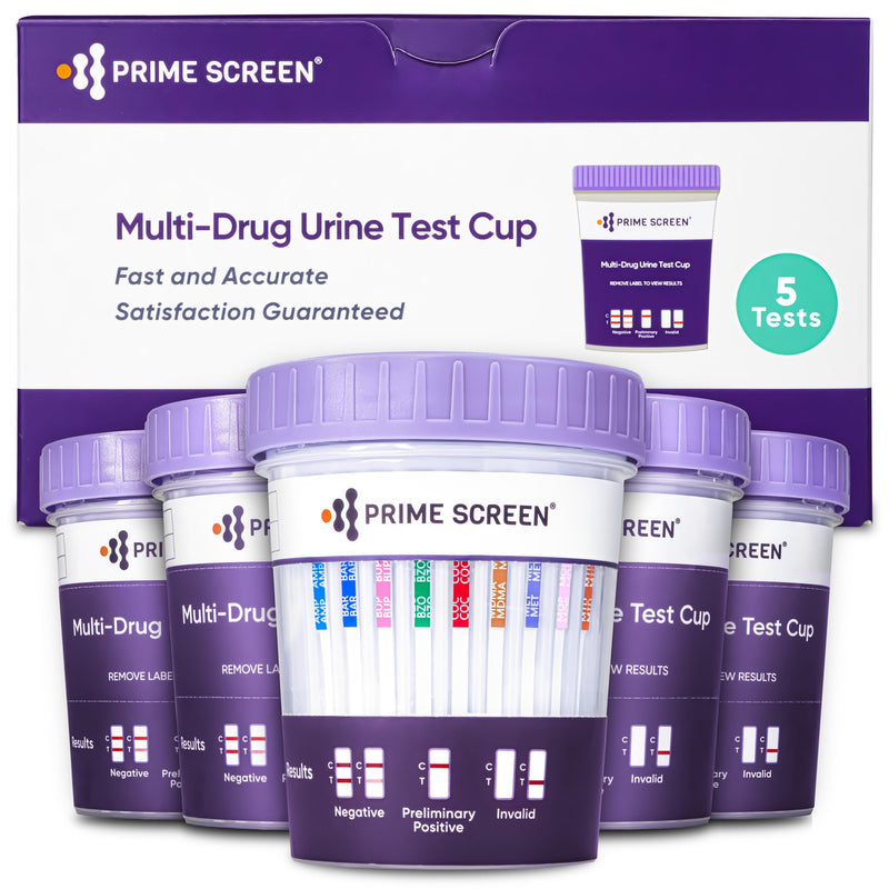 Prime Screen® Multi-Drug Urine Test Cup - 12 Panel Drug Test - Instant Testing Marijuana (THC),OPI,AMP, BAR, BUP, BZO,COC, mAMP, MDMA, MTD, OXY, PCP - [5 Pack] 5