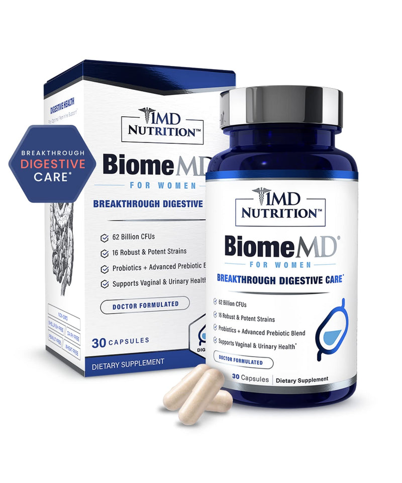 [Australia] - 1MD Nutrition BiomeMD Probiotics for Women - Daily Prebiotics and Probiotics for Women - More than 60 Billion CFUs, 15 Strains - Womens Probiotic to Support Urinary & Vaginal Health - 30 Capsules 30 Count (Pack of 1) 