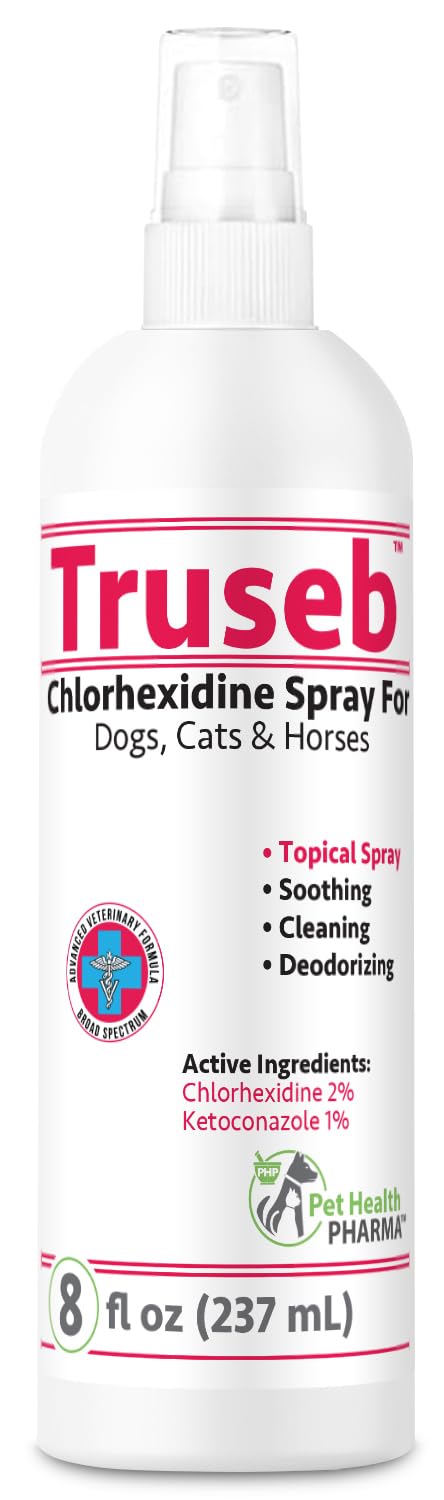 Truseb All Natural Chlorhexidine Spray Topical Ketoconazole and Chlorhexidine Spray for Dogs, Cats & Horses with Aloe Vera (USA) (Ketoconazole & Chlorhexidine Spray, 8 oz) - PawsPlanet Australia