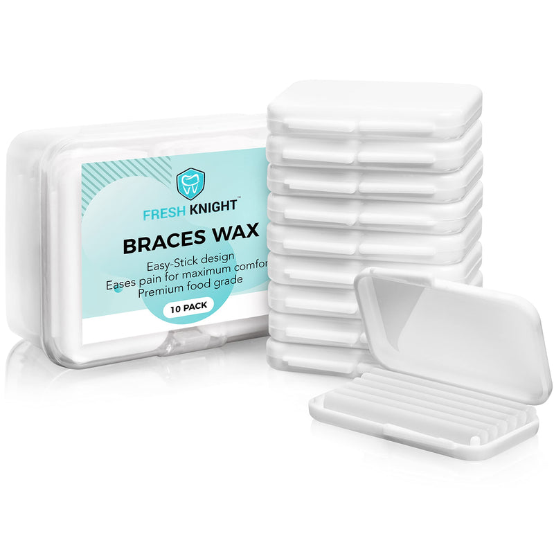 [Australia] - Braces Wax,10 Pack. Dental Wax for Braces & Aligners, Unscented & Flavorless - 50 Premium Orthodontic Strips. White Cases. Includes storage case. Food Grade ortho brace wax. Fresh Knight. (White) 