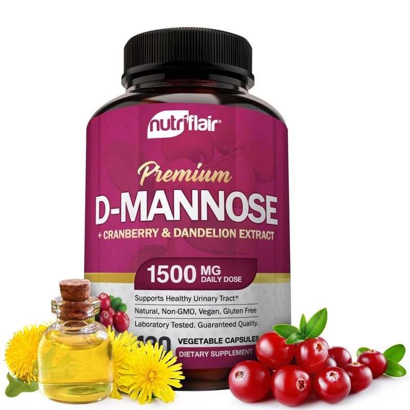[Australia] - NutriFlair D-Mannose 1500mg, 120 Capsules - with Cranberry and Dandelion Extract - Natural Urinary Tract Health UTI Support - Best D Mannose Powder - Flush Impurities, Detox Body, for Women and Men 