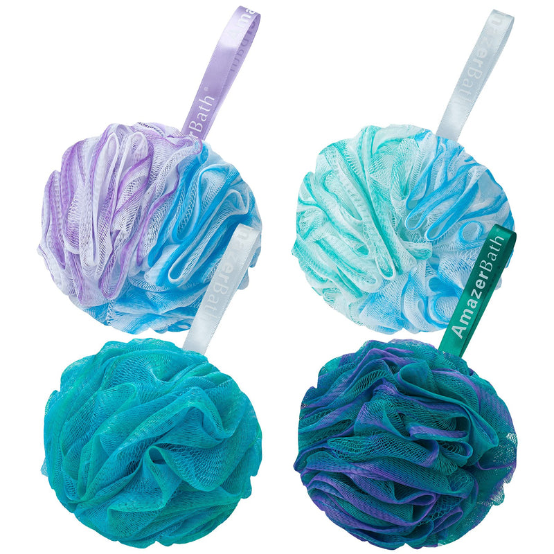 [Australia] - AmazerBath Loofah Sponge 75g/Piece, Exfoliating Bath Sponge Body Scrubber - Loofa Set of 4 Flower Color (Large, Green-Purple) Large (Pack of 4) 