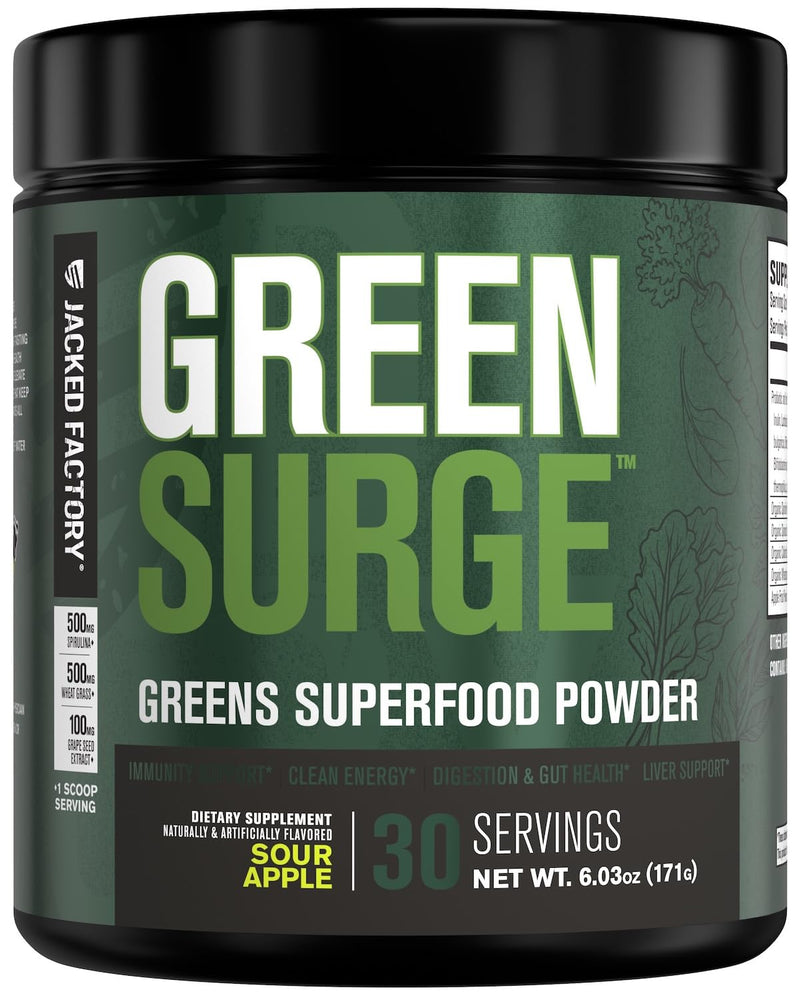 [Australia] - Jacked Factory Green Surge Green Superfood Powder- Keto Friendly Greens Drink w/Spirulina, Wheat & Barley Grass, Organic Greens - Green Tea Extract, Probiotics & Digestive Enzymes - Sour Apple 30 Servings (Pack of 1) 