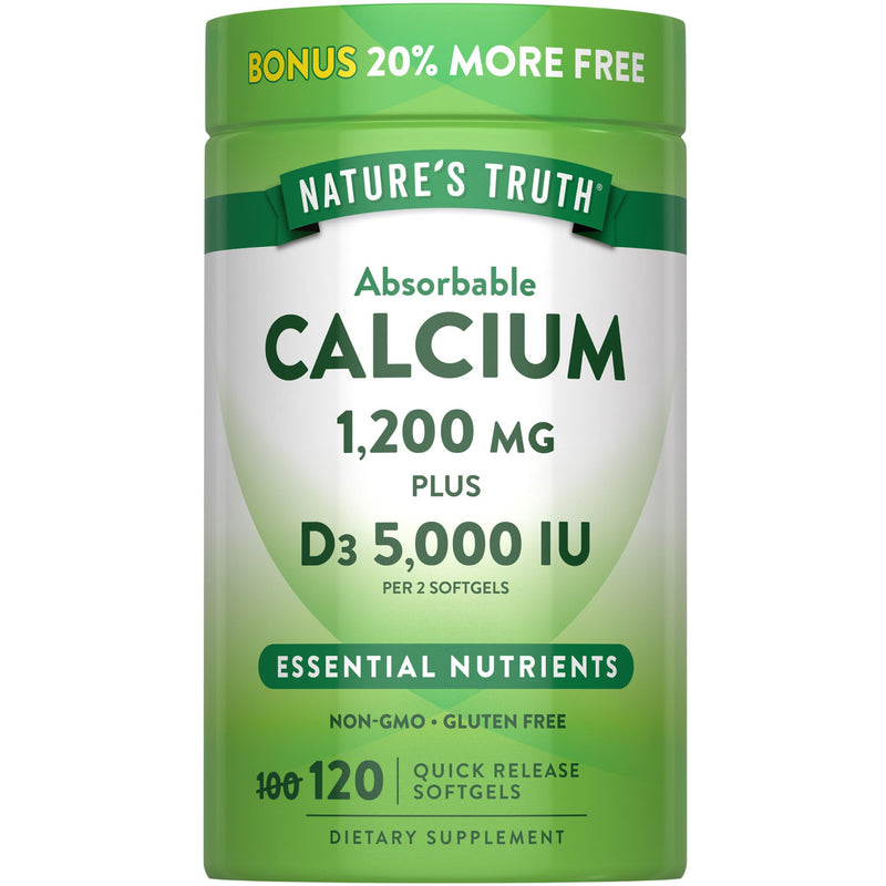 Nature's Truth Absorbable Calcium | 1200 mg | with Vitamin D3 5000 IU | 120 Softgels | Calcium Carbonate | Non-GMO & Gluten Free Supplement 120 Count (Pack of 1)