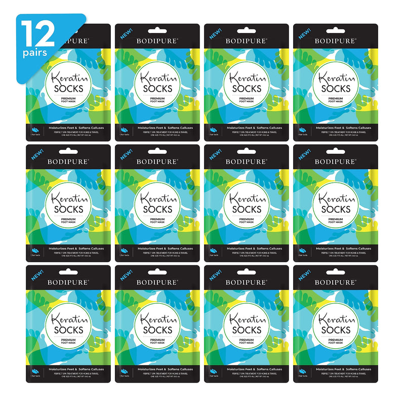 [Australia] - Bodipure Premium Foot Mask Keratin Socks | At Home Spa Moisturizer Socks for Dry Cracked Feet, Callus & Heel Softening | Easy-to-Use Pedicure Foot Repair | Chemical-free Feet Treatment | 12 Pairs 1 Count (Pack of 12) 