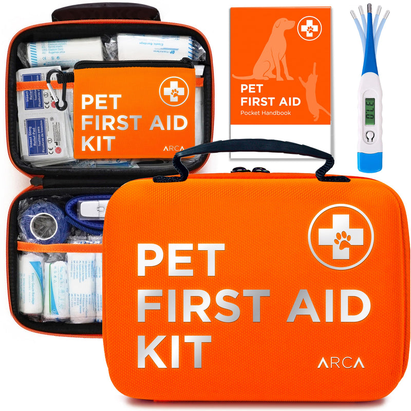 [Australia] - Cat & Dog First Aid Kit for Car - Pet Emergency Kit for Home Office Travel – Dog Camping Essentials with Digital Thermometer, Muzzle & Mini First Aid Pouch Neon Orange 