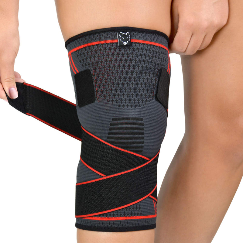 Knee Compression Sleeve - Adjustable Knee Wrap for Crossfit, Powerlifting, Basketball, Soccer, Running - Provides Pain Relief & Patella Support for Men & Women with Arthritis & Knee Injury (Large) Large 17-19 Inch