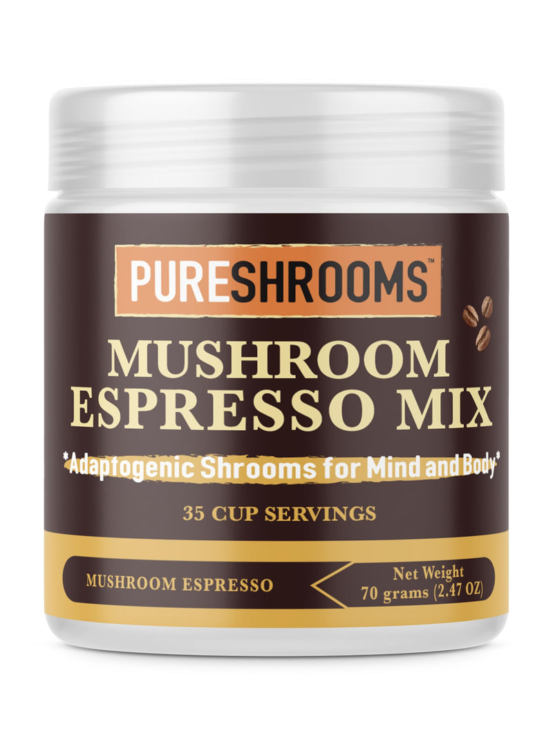 [Australia] - PureShrooms Instant Mushroom Espresso Blend - Organic Adaptogenic Coffee with Lion's Mane, Reishi, Cordyceps - Arabica & Robusta Blend, 70g - Mental Clarity & Physical Boost, 35 Servings 
