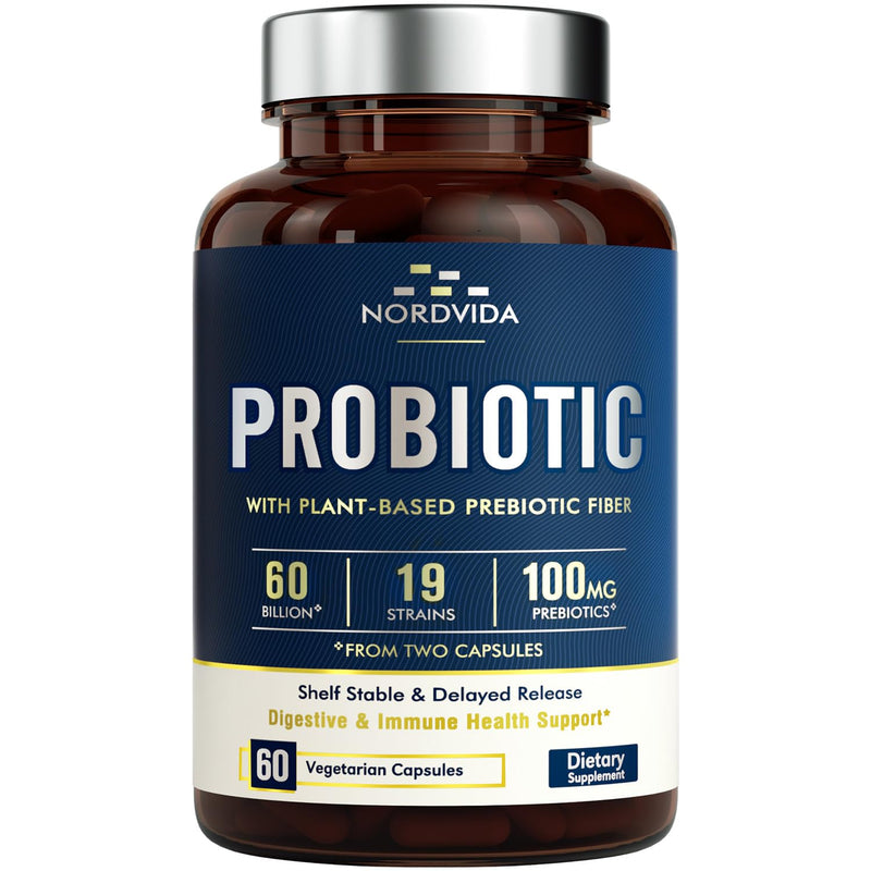 [Australia] - Probiotic 60 Billion 19 Strains with Organic Prebiotic for Men & Women, Digestive & Immune Health, Shelf Stable Delayed Release, Non-GMO No Dairy, 60 Vegan Caps 60 Billion CFUs for Men and Women 