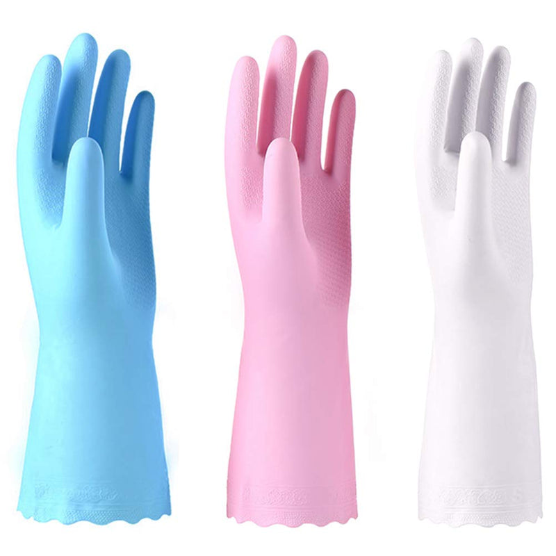 [Australia] - Alimat PluS 3 Pack Reusable Cleaning Gloves Latex Free, Dishwashing Gloves with Cotton Flock Liner and Embossed Palm, Waterproof Household Gloves for Laundry, Gardening (Medium) Medium (Pack of 3) Blue+pink+white 