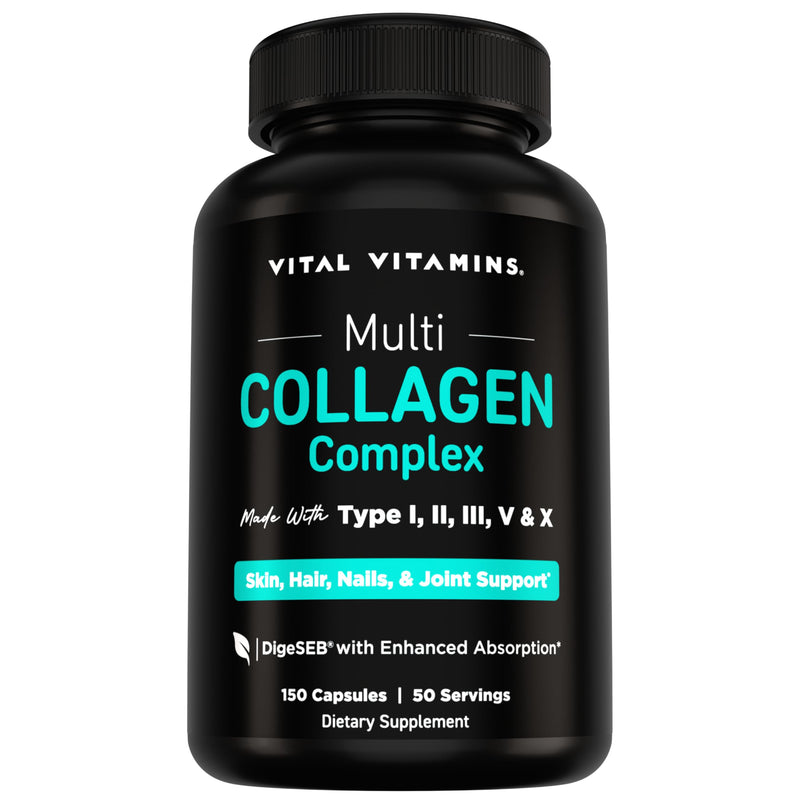 Vital Vitamins Multi Collagen Peptides Complex for Women & Men, 150 Pills | Supports Skin, Hair & Nails, 5 Collagen Types I II III V & X, Grass-Fed Non-GMO Collagen Supplements 150 Count (Pack of 1)