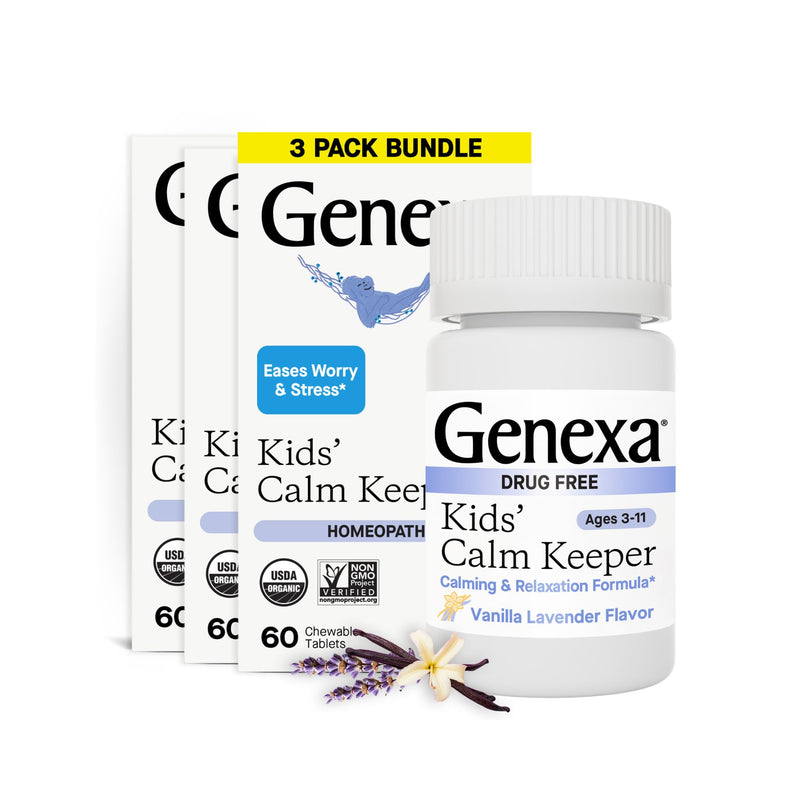 Genexa Kids Calm Keeper, Stress Relief Made Clean, 180 Chewable Tablets | Dye Free, 0% Artificial Additives, Non-GMO, Vegan, Gluten Free, Homeopathic Remedy, Eases Worries & Tensions, Ages 3-11 Calm Keeper- 3pk 3 Pack
