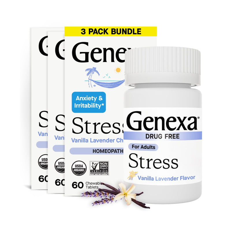 Genexa Stress, Anxiety & Stress Relief Made Clean, 180 Chewable Tablets | Dye Free, 0% Artificial Additives, Non-GMO, Gluten Free, Homeopathic Remedy, Natural Lavender Vanilla Flavor for Adults 3 Pack