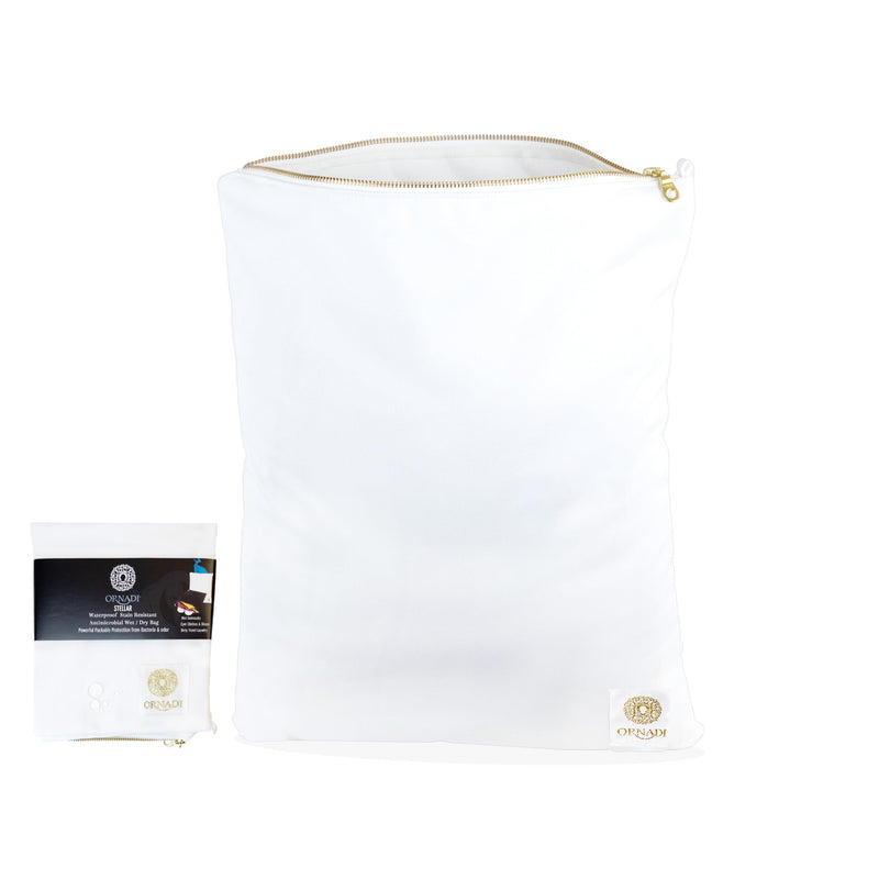 Antimicrobial Wet Swimsuit Bag Waterproof Odor & Mildew Control | White & gold, 2-layer, stain-resistant, inhibits odor-causing bacteria, machine wash, for swim, gym, spa & travel laundry