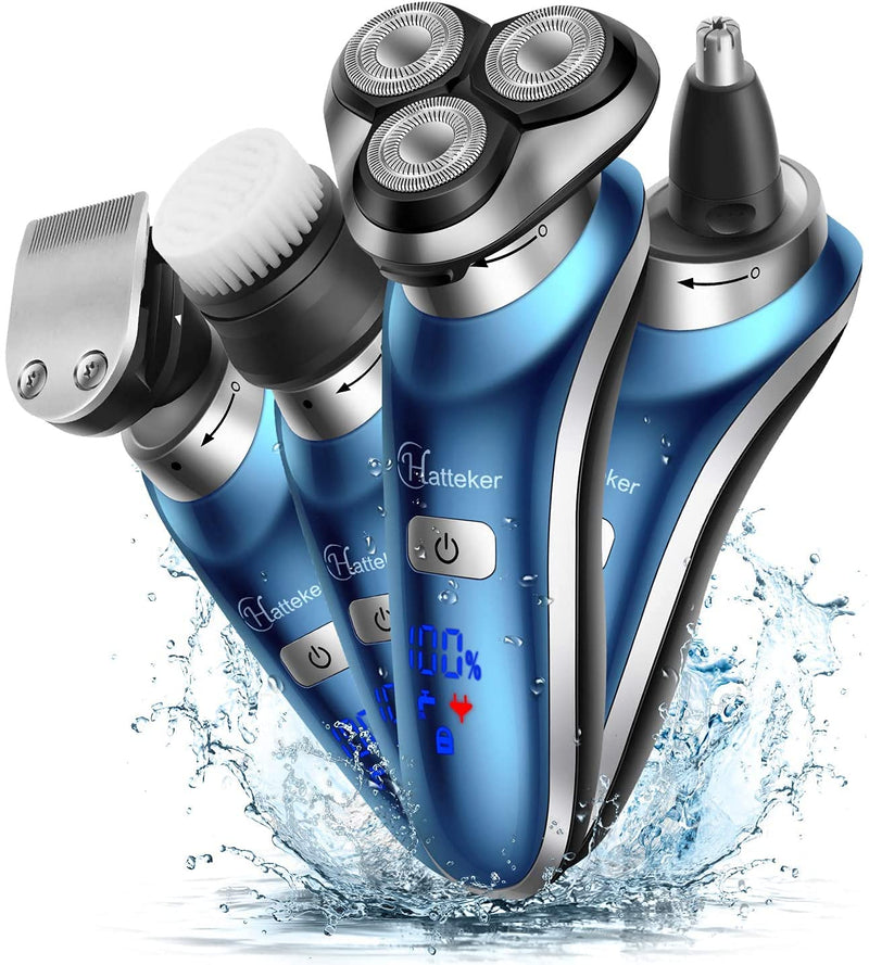 [Australia] - Hatteker Electric Shaver for Men Trimmer for Men Cordless Rechargeable Beard Nose Hair Face Trimmer Rotary Razor USB Groomer Waterproof Wet Dry 4 in 1 Blue 1 Count (Pack of 1) 