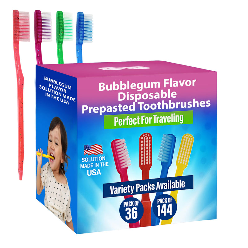 [Australia] - Kids Prepasted Toothbrushes Individually Wrapped - Bubblegum Disposable Toothbrushes with Sparkles (36 Pack) 36 