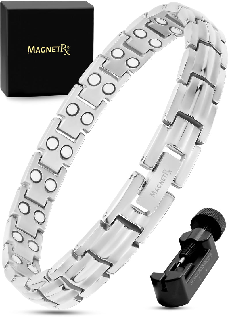 [Australia] - MagnetRX® Women's Ultra Strength Magnetic Bracelet - Effective Titanium Magnetic Bracelets for Women - Adjustable Bracelet Length with Sizing Tool for Perfect Fit (Silver) Silver 