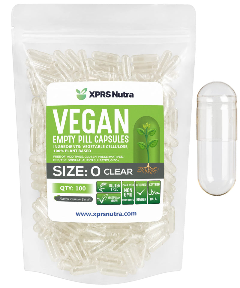 [Australia] - XPRS Nutra Size 0 Empty Capsules - 100 Clear Count Empty Vegan Capsules - Vegetarian Pill - DIY Vegetable Capsule Filling -Veggie Pills for Do-It-Yourself Supplements 100 Count (Pack of 1) 