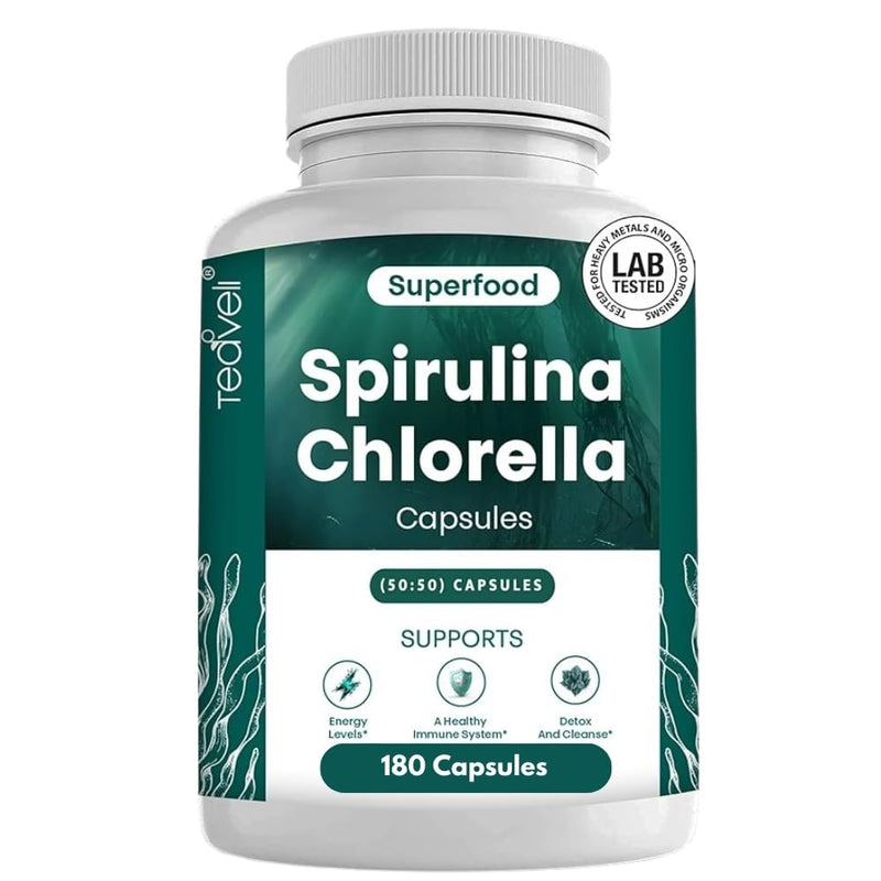 [Australia] - Organic Spirulina and Chlorella Capsules – 180 Chlorophyll Pills, Blue Green Algae Powder Capsules to Support Detox, Mitochondria & Energy– 3X More Chlorella Spirulina Powder/Serving 