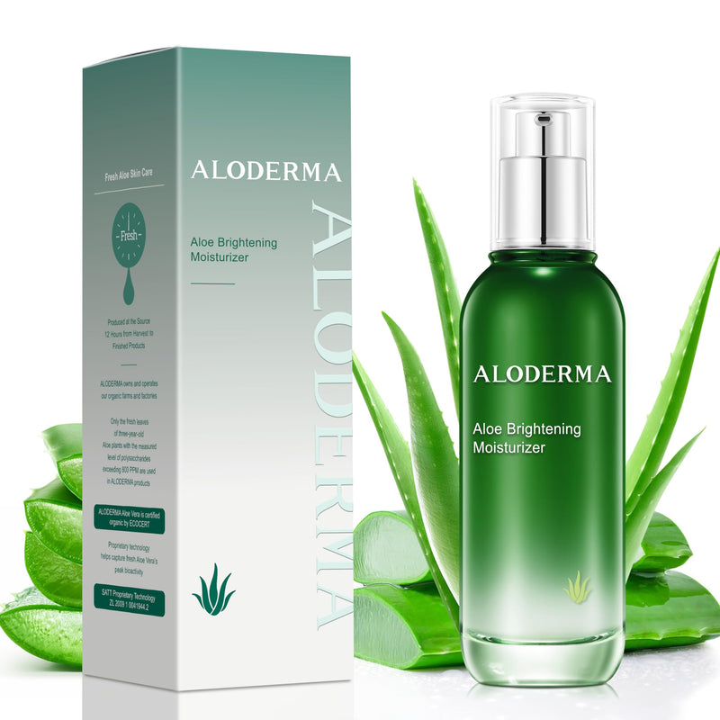 Aloderma Brightening Face Moisturizer 75% Organic Aloe, Niacinamide 3.5 oz | Lightweight daily lotion for dull and tired skin. Features squalane & vitamin C to even texture and tone safely day or night