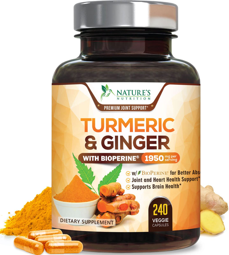 Turmeric Curcumin Supplement - 95% Curcuminoids with Organic Turmeric & Ginger, BioPerine Black Pepper Extract for Best Absorption, Natural Vegan Joint Support, Non-GMO, Bottled in USA - 240 Capsules 240 Count (Pack of 1)