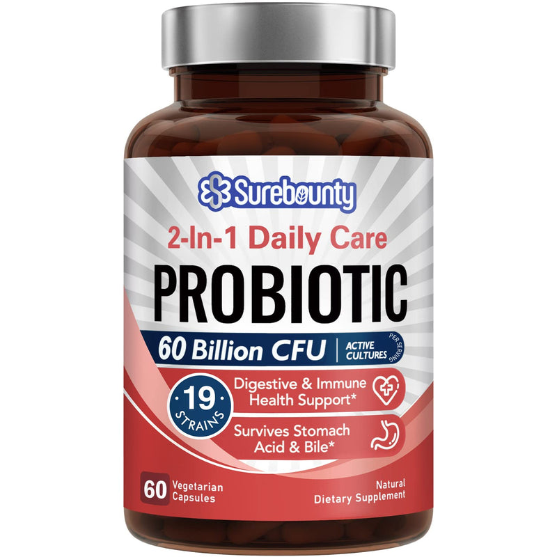 [Australia] - Probiotics 60 Billion CFU 19 Strains for Men & Women, with 100mg Prebiotic, Shelf Stable, 2-in-1 Daily Care Probiotic, Non-GMO, Digestive & Immune Health, 60 Veggie Capsules 60 Billion CFUs for Women and Men 60 Count 