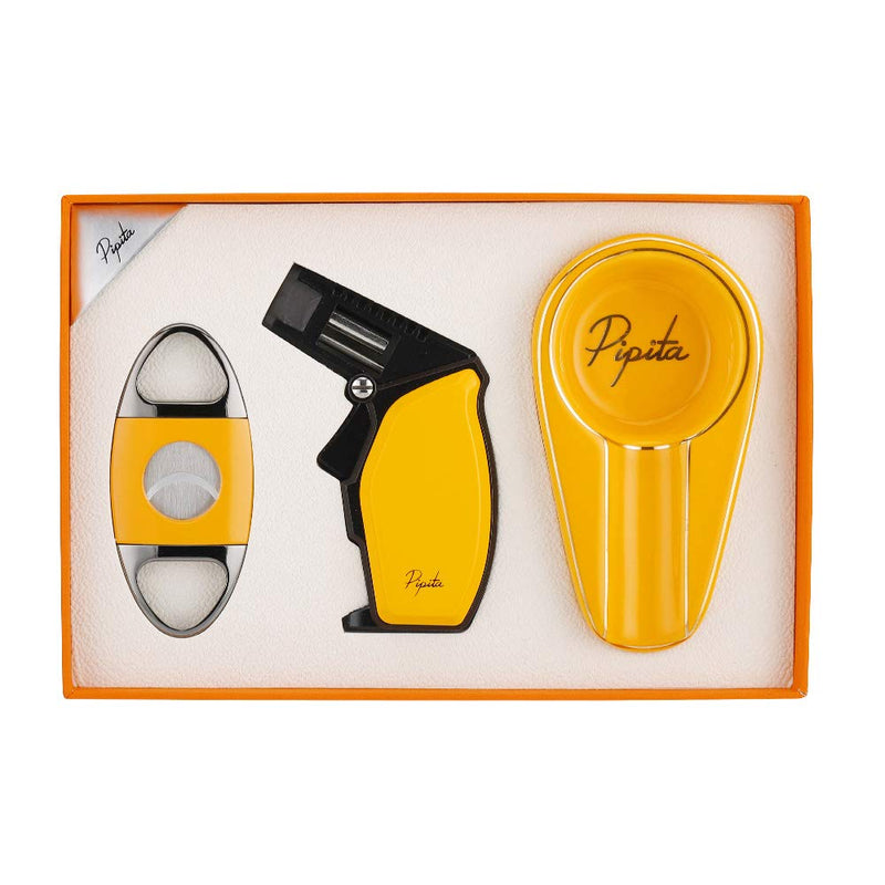 [Australia] - PIPITA Cigar Gift Set (3pcs/Set),Torch Lighter and Cigar Cutter and Ceramic Ashtray, Adjustable Jet Single Flame Butane Lighter Packing with Nice Gift Box 