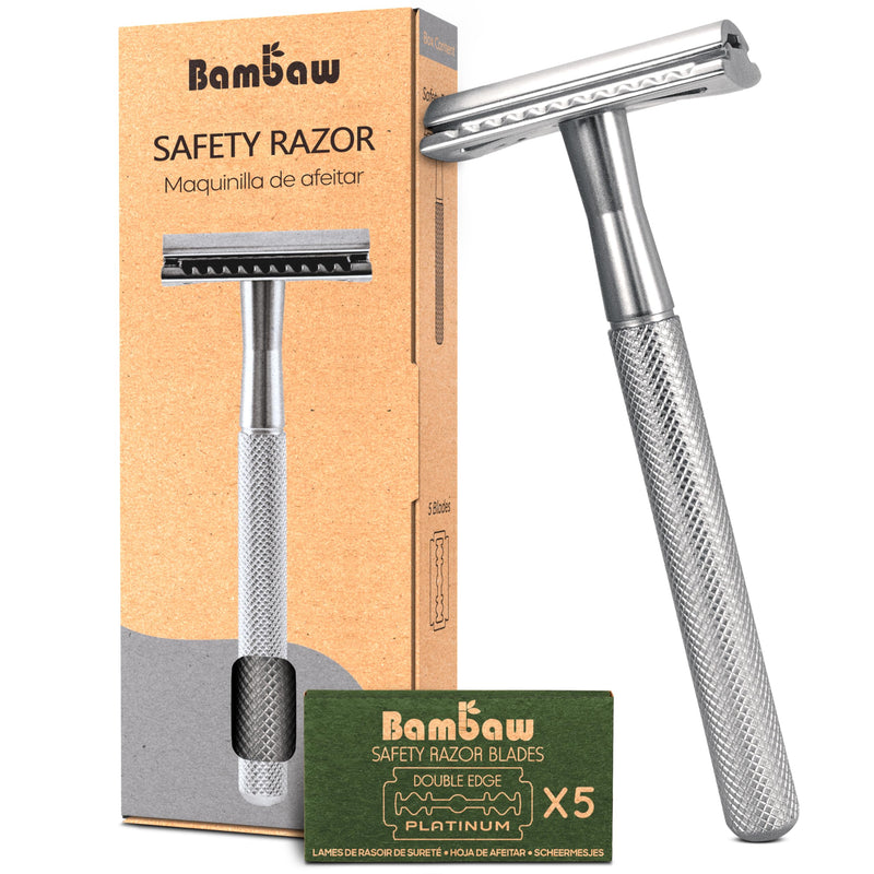 [Australia] - Bambaw Double Edge Safety Razor for Men & Women, Metal Razor with 5 Double Edge Safety Razor Blades, Eco-Friendly Razor ‚Äì Silver Silver Razor 