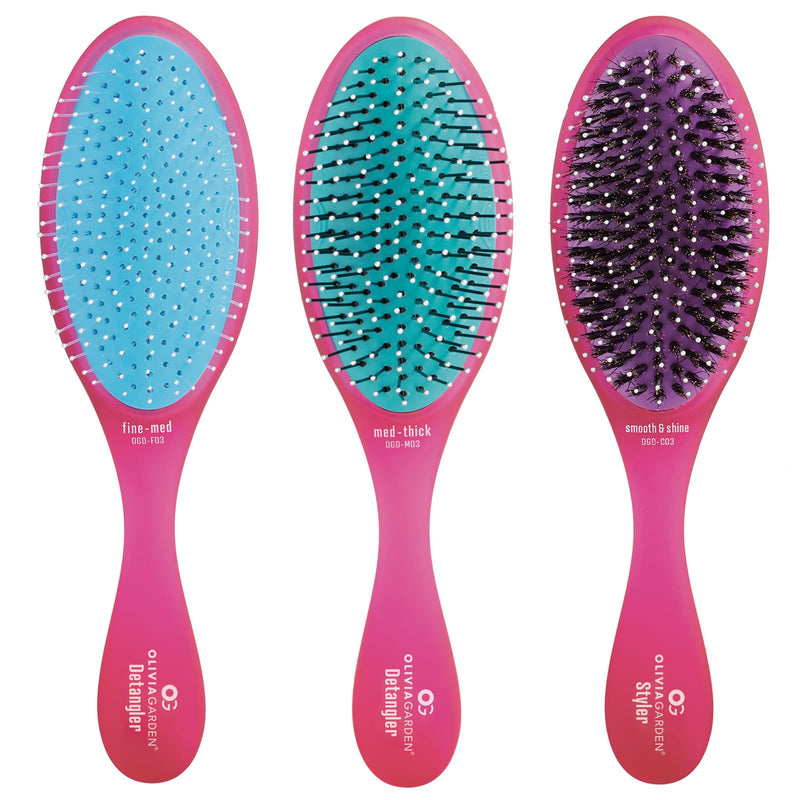 Olivia Garden OG Brush Collection, removable cushion, scalp hugging massages the scalp, 1 fine to medium and 1 medium to thick detangler, 1 smooth and shine styler, for wet or dry hair, Pink 3pc box 3-Piece Kit ($54.85 Value)