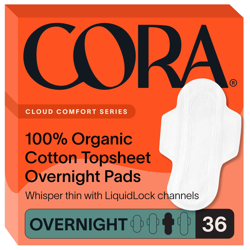 [Australia] - Cora Organic Pads | Ultra Thin Period Pads with Wings | Overnight Absorbency | Ultra-Absorbent Sanitary Pads for Women | 100% Organic Cotton Topsheet (36 Count) 36 Count 