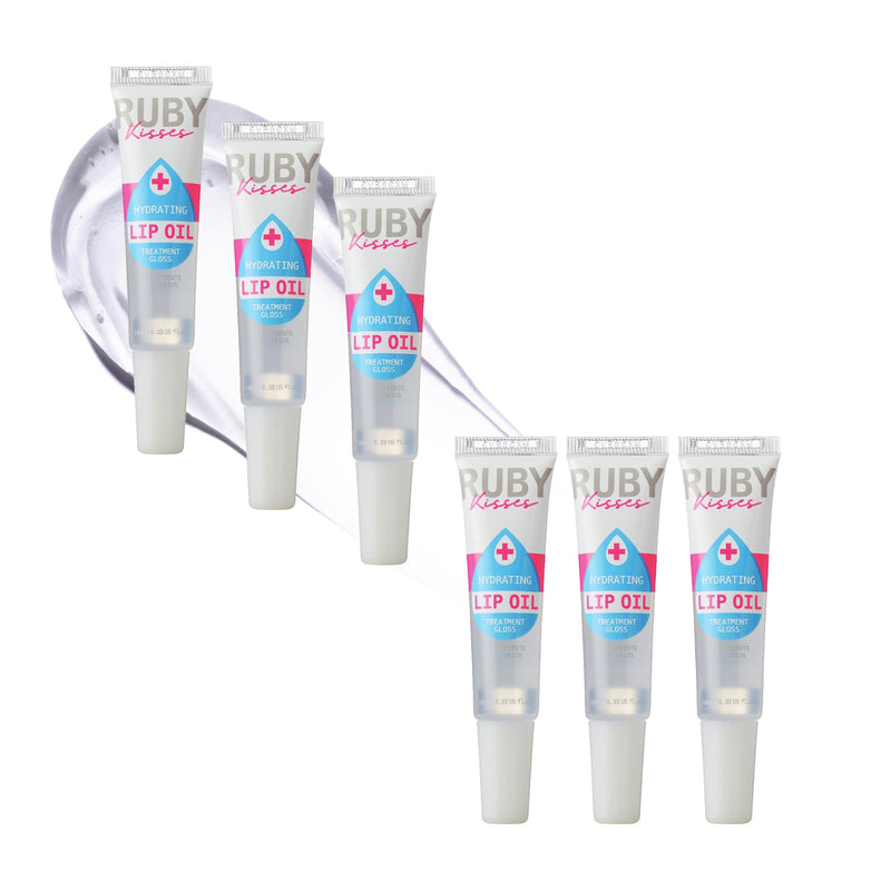 Ruby Kisses Hydrating Clear Lip Oil Treatment Gloss (6 Pack), Hydrates & Heals with Vitamin E & Jojoba, Lightweight Non-Greasy Formula with Almond Oil, Repair & Protect Dry Chapped Lips 0.33 Fl Oz (Pack of 6)