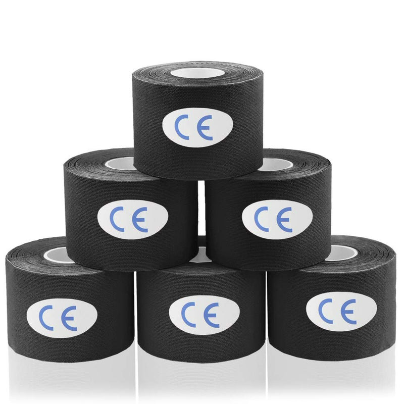 [Australia] - AUPCON Kinesiology Tape Elastic Therapeutic Athletic Tape Hypoallergenic Breathable Cotton Sports Muscle Tape Therapy Recovery Support for Knee Shoulder Ankle Elbow Shin (Black-precut-6rolls) Black-precut-6rolls 
