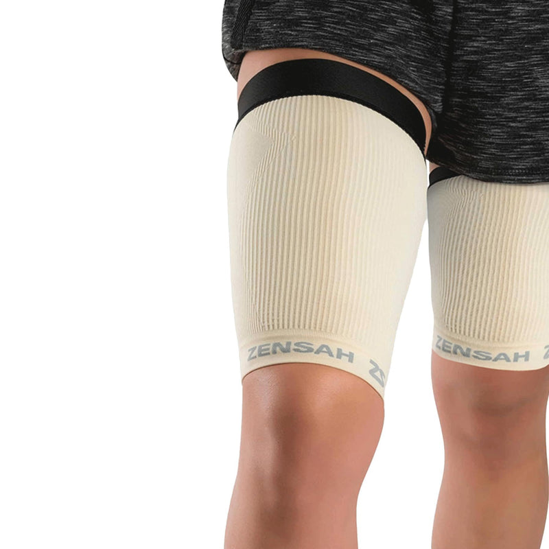 Zensah Thigh Compression Sleeve - Support for Pulled Hamstring, Quad Strain, Groin Compression Wrap for Men and Women Large Beige 2