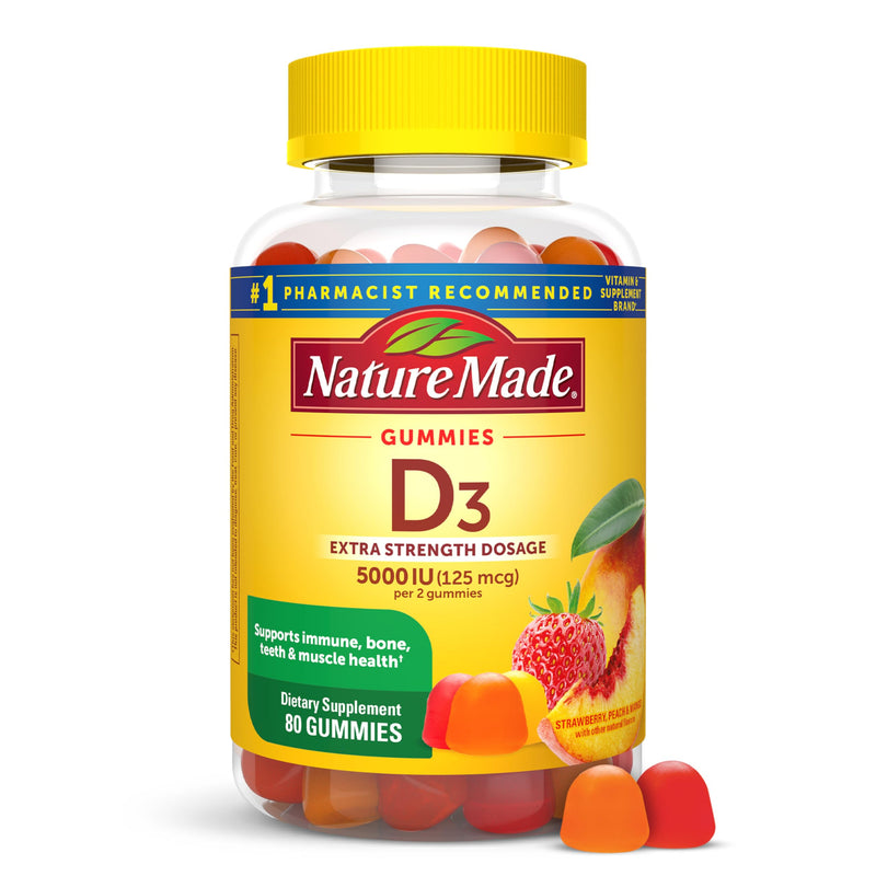 Nature Made Vitamin D3 5000 IU per Serving, 80 Vitamin D Gummies Strawberry, Peach, Mango 80 Count (Pack of 1)