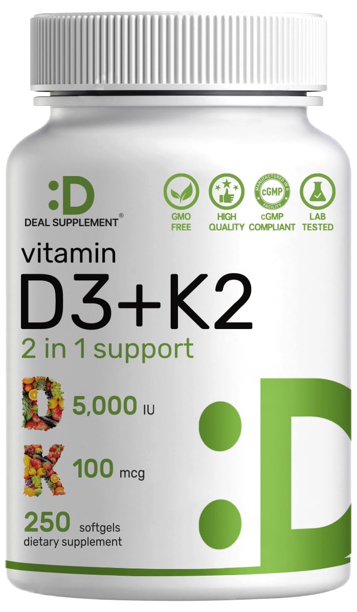 DEAL SUPPLEMENT Vitamin D3 5,000 IU + K2 MK7 Softgels, 250 Count | 2-in-1 Complex | Easy to Swallow 250 Count (Pack of 1)