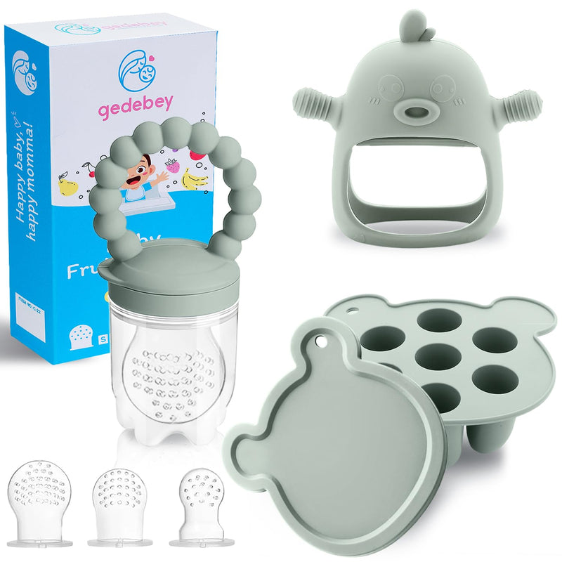 [Australia] - Baby Fruit Feeder Pacifier - 3 Pack | 1 Baby Food Feeder & 1 Baby Teether & 1 Baby Popsicle Molds | Breastmilk Popsicle molds | Baby Teething Toys | Silicone Baby Feeding Set | Baby Feeder (Pea Green) 01. Pea Green - Set 1 