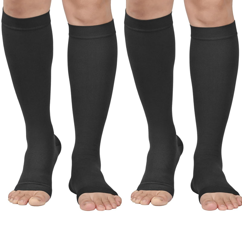 [Australia] - MGANG® 20-30 mmHg Compression Stockings for Men and Women, 2 Pairs Medical Compression Socks, Knee High Length, Open Toe, Opaque, Support Hose for Varicose Veins, Oedema, Swelling, Black XX-Large 1 Pair Black + 1 Pair Black 