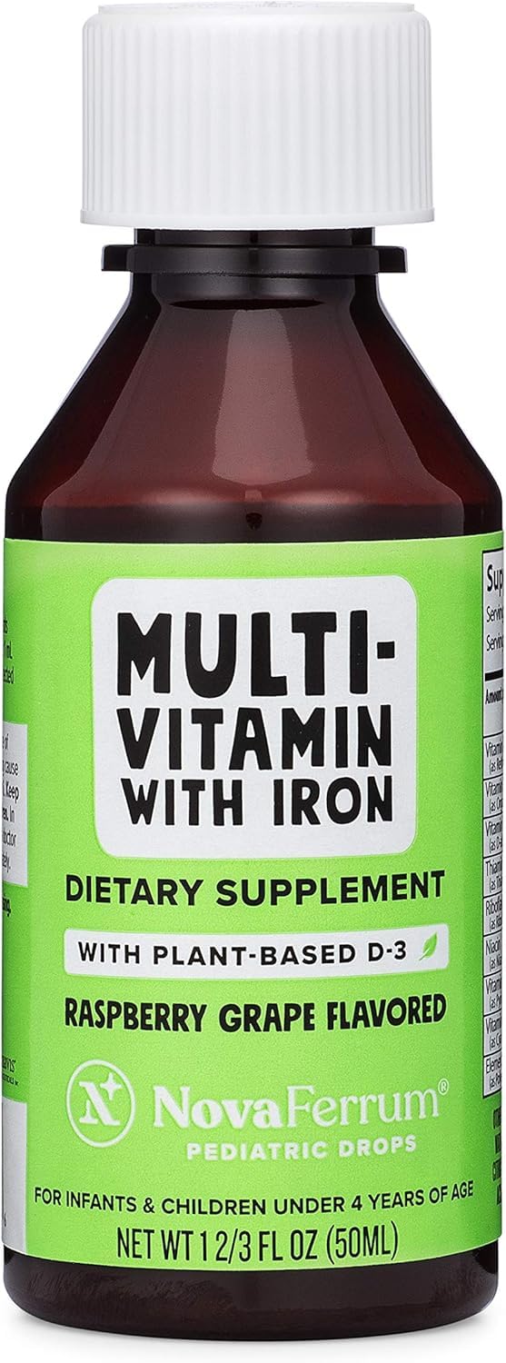 NovaFerrum Delish | Vegan Multivitamin with Iron for Infants, Toddlers & Kids | Immune Support | Organic Plant-Based D-3 | Gluten Free | Vegan Verified | Sugar Free | 1.69 Fl Oz (50 mL) Raspberry Grape 1.67 Fl Oz (Pack of 1)