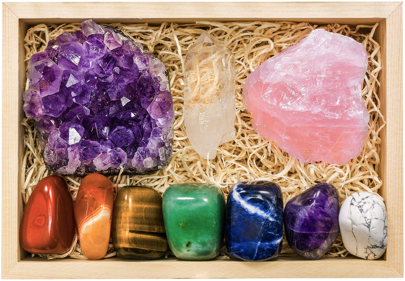 [Australia] - Large Premium Crystals and Healing Stones in Wooden Gift Box + 50pg EBOOK – 7 Chakra Tumbled Gemstones, Amethyst Crystal, Rose Quartz, Quartz Crystal Point, and Info Guide, Made in U.S.A. Chakra Balancing 