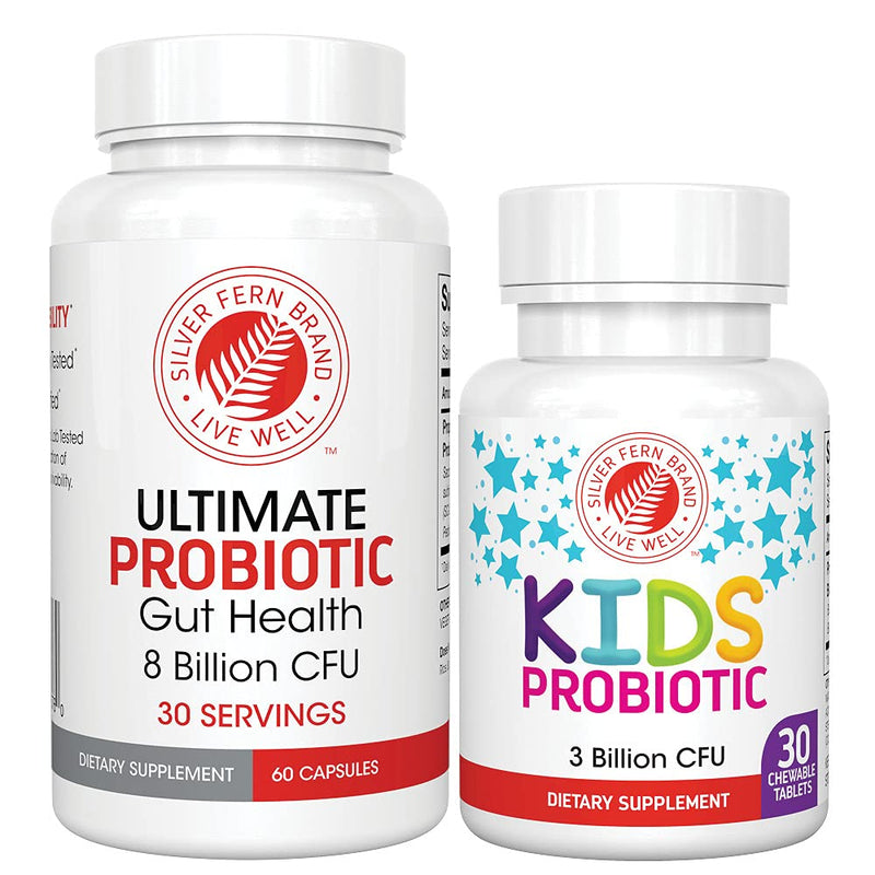 Silver Fern Brand Family Probiotics - Ultimate Adult Probiotic | (1 Bottle = 60 Capsules) Plus Ultimate Children's Probiotic for Kids (1 Bottle = 30 Chewables) Gut-Health Microbiome Support