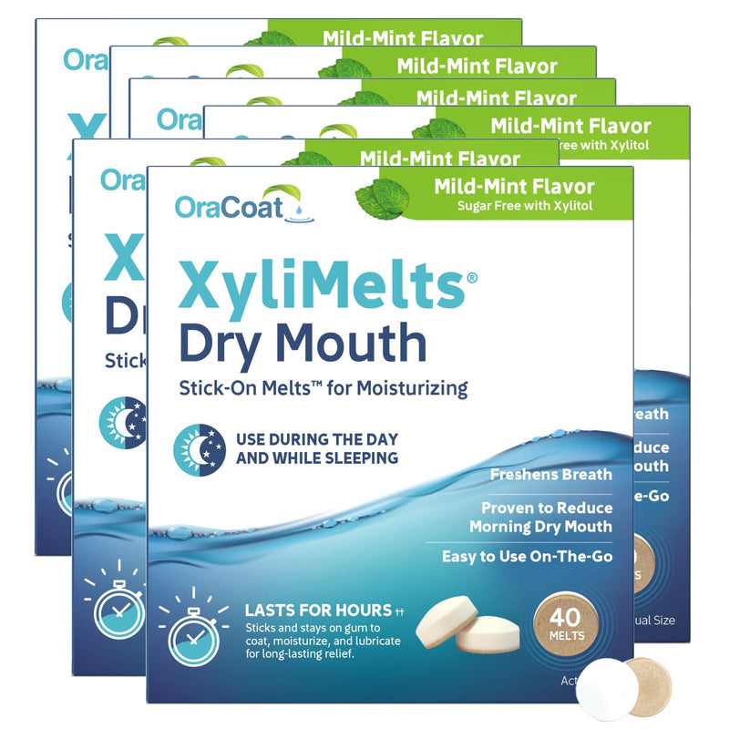 [Australia] - Oracoat XyliMelts for Dry Mouth Night Time or Day - Moisturizing Dry Mouth Adhering Discs, Sugar Free with Xylitol, 40 Count - 6 Pack, Mild Mint Flavor, 8-Hour Relief 