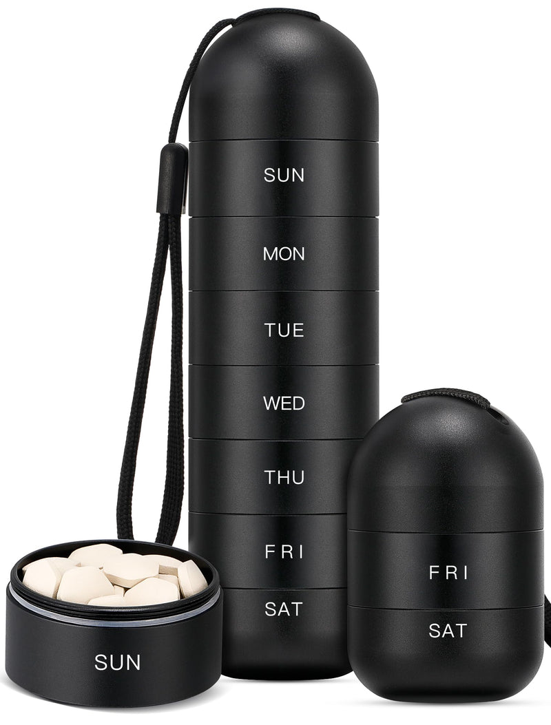 Zannaki Upgrade Large Metal Travel Pill Organizer, Waterproof Weekly Pill Box, Portable Aluminum Alloy Pill Case Container, BPA Free 7 Day Daily Medicine Organizer Holder for Vitamin,Pills,Supplement Black