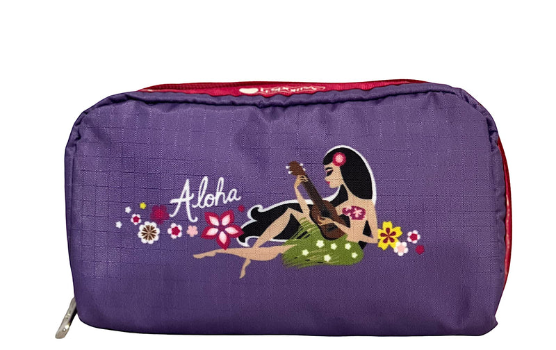 LeSportsac Aloha Mele HAWAII EXCLUSIVE Rectangular Cosmetic Bag/Pouch Style 6511/Color K873, Colorful Hula Girl Playing a Ukulele, Aloha & Hawaii Printed on Front/Back, Mele (song), Collector's Bag