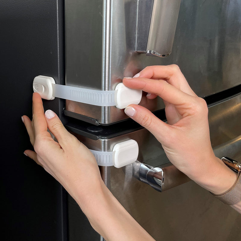 [Australia] - Vmaisi Baby Proofing Cabinet Locks - Childproofing Adjustable Multi Use Straps Latches for Drawers, Fridge, Dishwasher, Toilet Seat, Cupboard, Closet, Oven,Trash Can, Adhesive No Drilling (White) (4) 4 