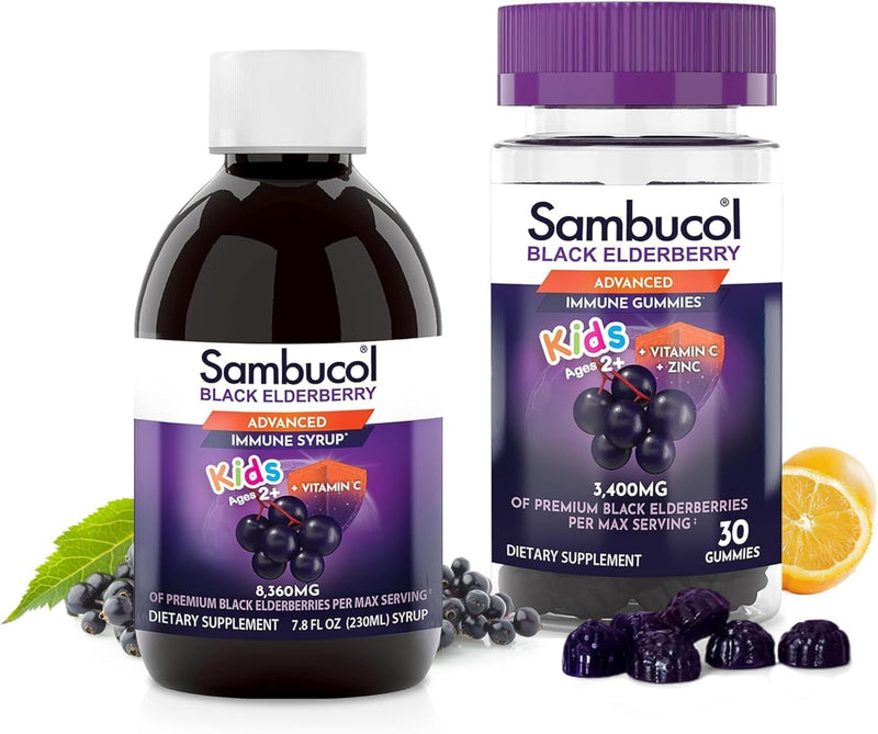 Sambucol Black Elderberry Syrup and Gummies - 7.8 Fl Oz, 30 Count Bundle | For Kids, Elderberry Supplement with Vitamin C and Zinc, Syrup & Chewable Gummies for Children Kids Syrup + Gummies