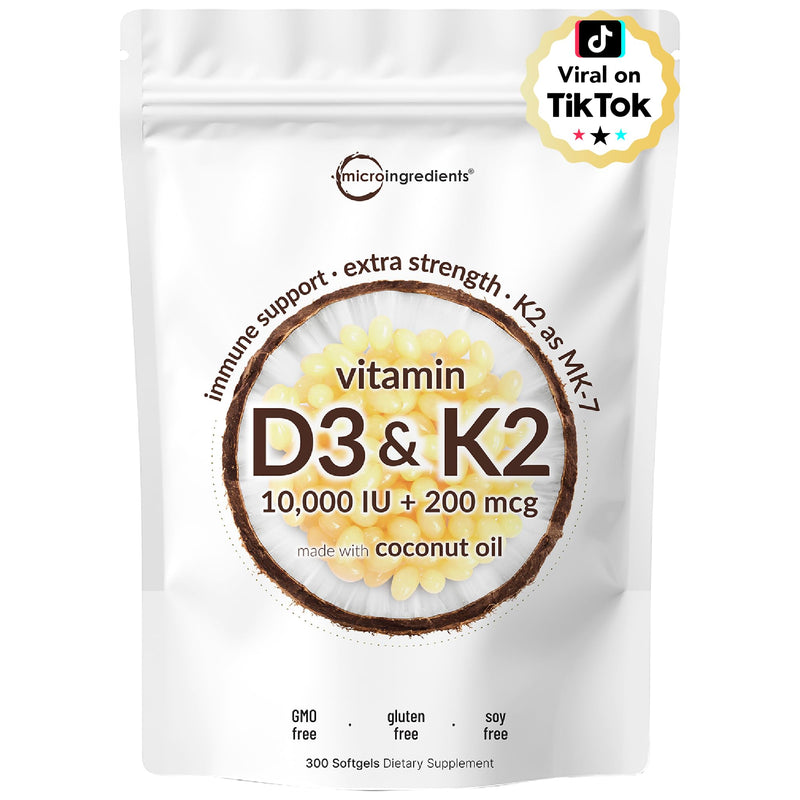 Micro Ingredients Vitamin D3 K2 MK-7 10,000 IU Per Serving, 300 Softgels | Made with Virgin Coconut Oil, K2 200 mcg Per Serving. D3 & K2 Vitamin Supplement. Easy-to-Swallow. Non-GMO, Gluten Free. 300 Count (Pack of 1)