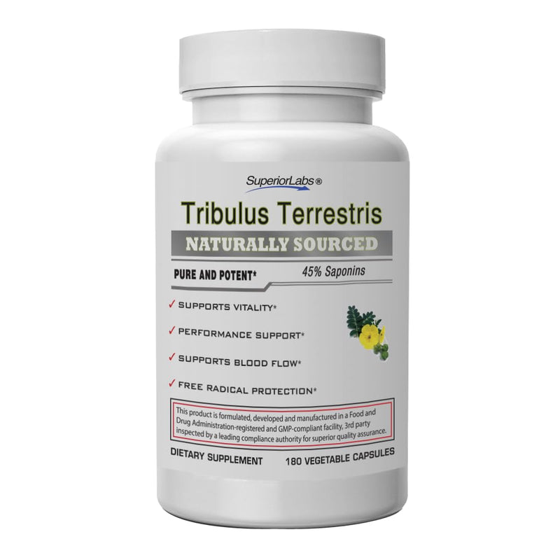 [Australia] - Superior Labs - Tribulus Terrestris - Performance Support & Cortisol Blocker with 45% Saponins, High Potency & Pure 1500mg Dosage, 180 Vegetable Caps - Supports Vitality - with Added BioPerine¬Æ 