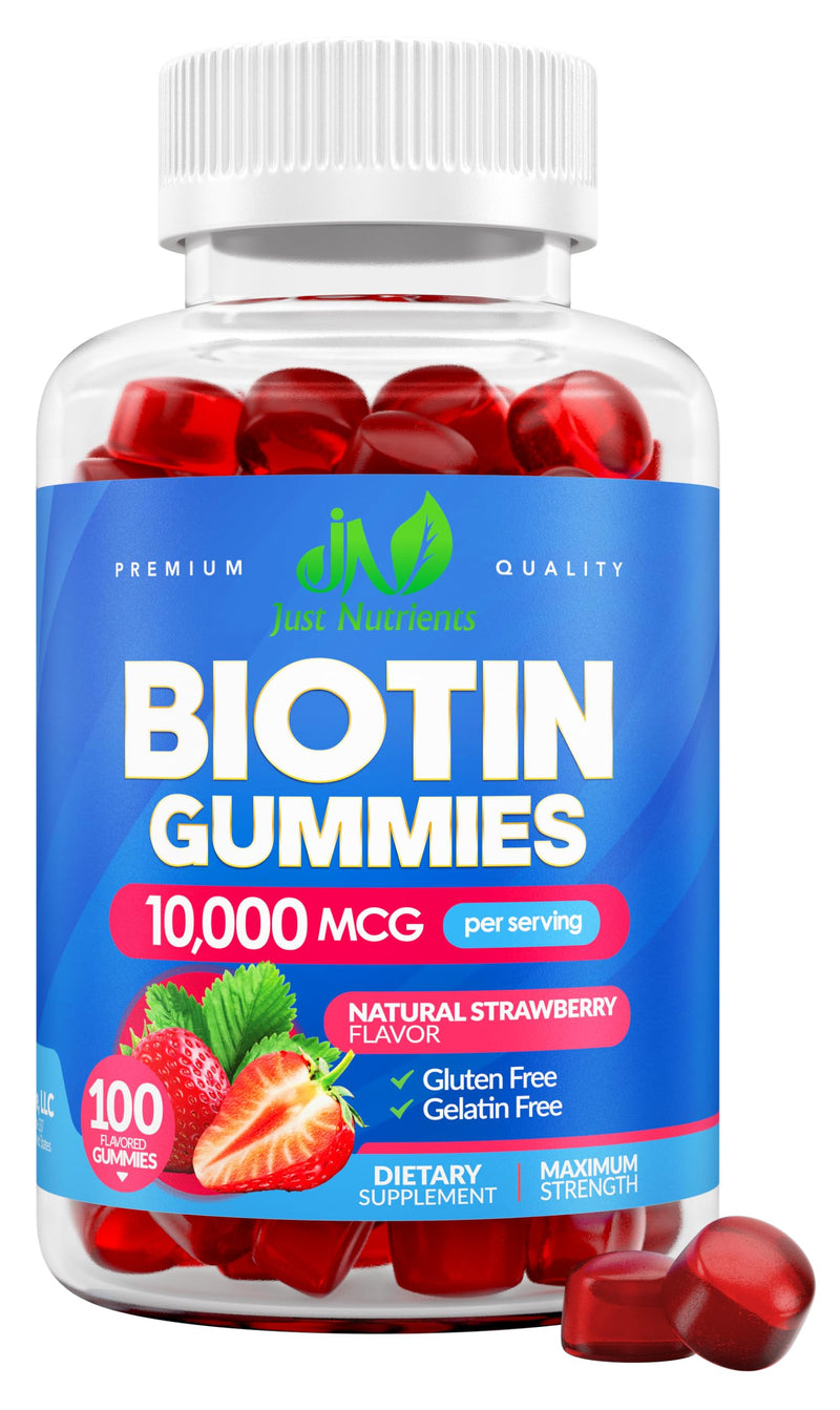 Biotin 10,000mcg Gummies for Hair Growth, Skin & Nails (100 Count) | 2x Maximum Strength Biotin Vitamins for Women & Men - Gluten-Free, Vegan, Great Tasting Strawberry Flavor 100 Count (Pack of 1)