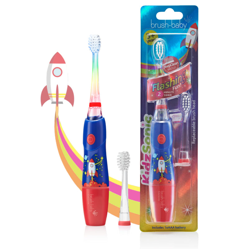 [Australia] - B07YVKSLHYBrush‚ÄëBaby - KidzSonic Rocket Kids Electric Toothbrush for Ages‚ÄØ3+ with Disco LED Lights, Gentle Sonic Vibrations, 2-Minute Smart Timer & 30‚ÄëSecond Pulse Reminders ‚Äì AAA Battery Included 